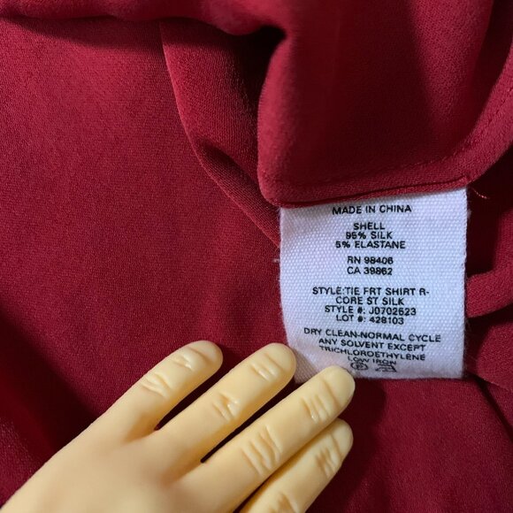 Theory Stretch Silk Women's Tie-Front Red Medium Long Sleeve Button Shirt Blouse - Picture 5 of 14